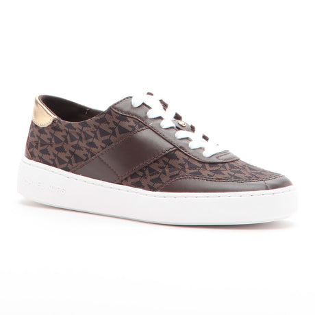 Brown Michael Kors lace-up sneaker with a signature logo print, gold heel detail, and white platform sole, 43T5KCFS5L