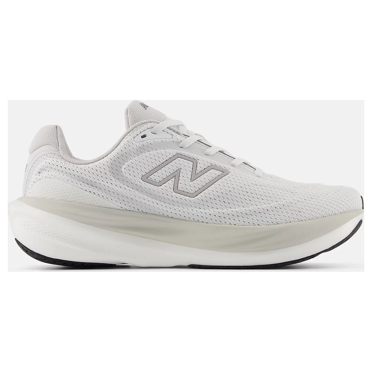 Men's white engineered mesh running shoe with a grey side logo, white laces, and a thick white cushioned sole. Style #M10807E3