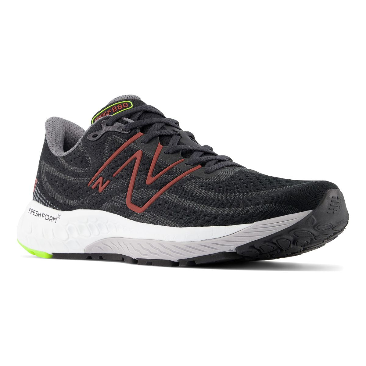 New Balance Men's Fresh Foam X 880M13, Breathable fabric upper with designs, red and green accent running shoes. Style #M880M13