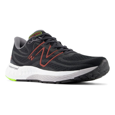 New Balance Men's Fresh Foam X 880M13, Breathable fabric upper with designs, red and green accent running shoes. Style #M880M13