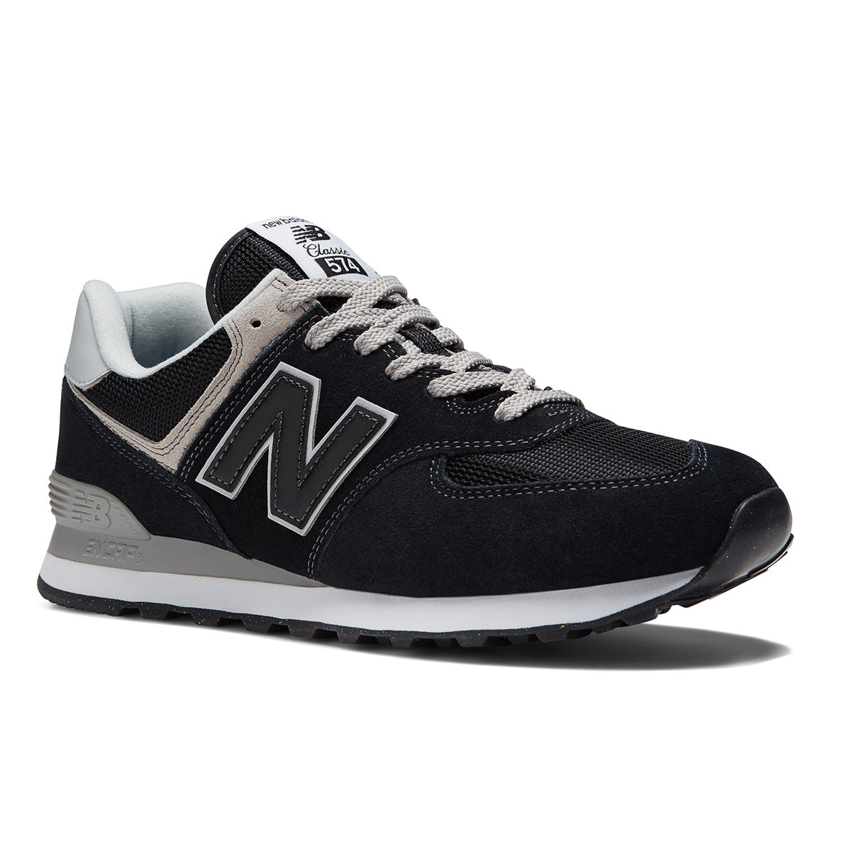 New Balance Men’s 574EVB casual sneaker in black suede and mesh, featuring ENCAP midsole cushioning and classic retro silhouette – available at Walking on a Cloud Canada. Style #ML574EVB