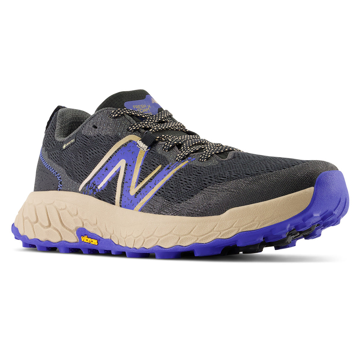 New Balance Men's Fresh Foam X Hierro v7 GORE-TEX in dark grey, purple, and tan. MTHIGK7