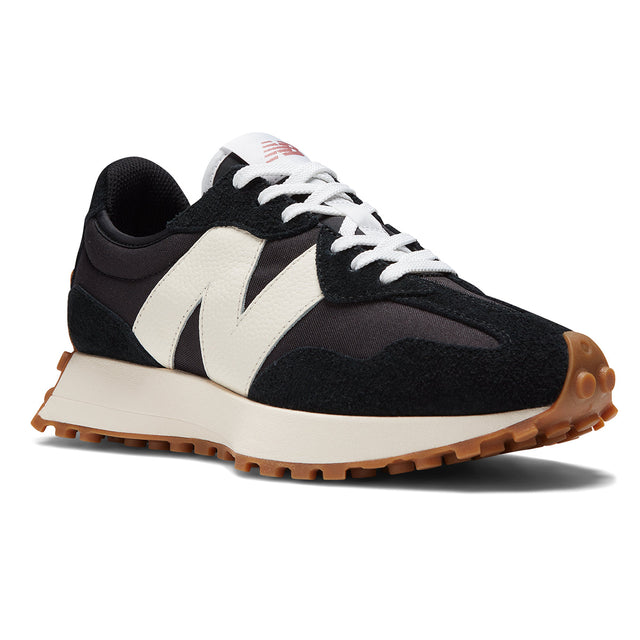 New Balance WL327BL women’s classic retro sneaker in suede and nylon with oversized “N” logo, lightweight EVA midsole – available at Walking on a Cloud Canada.Style #WS327BL