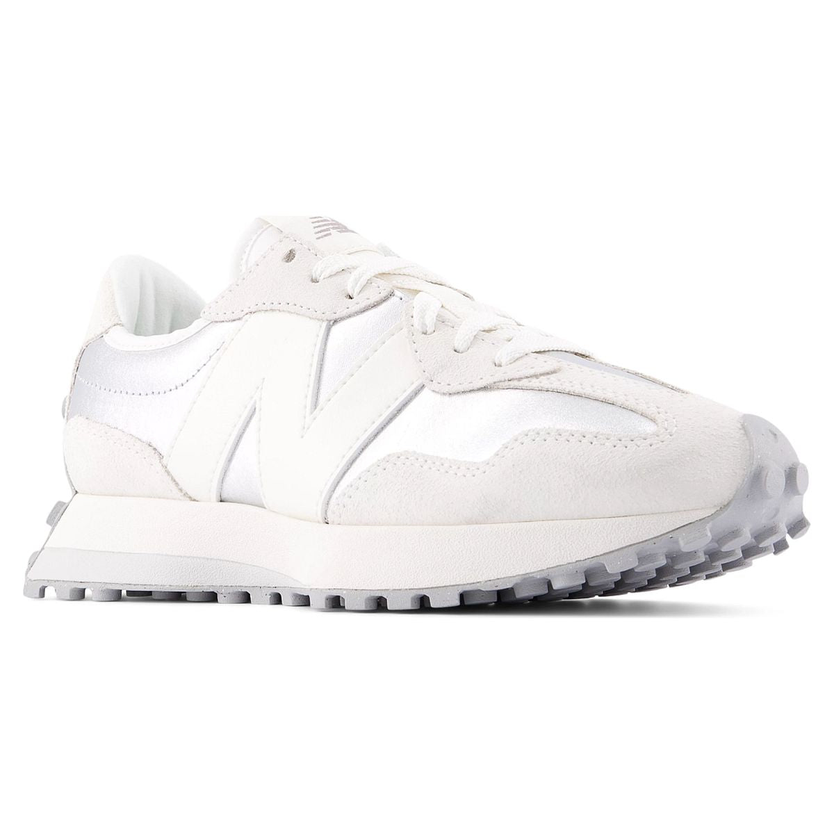 Women's silver and sea salt white retro sneaker with a large N logo, suede overlays, and a lugged grey sole. Style #WS327GLA