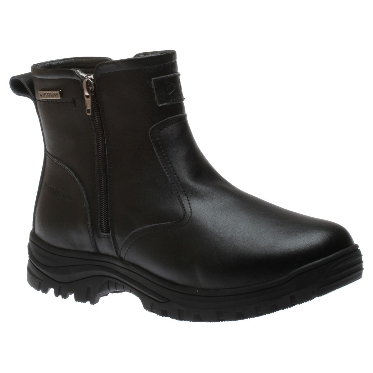 Nexgrip Flint 3 men's black waterproof leather ankle boot with side zipper, rugged sole, and ice cleats. Style #R0895BLK