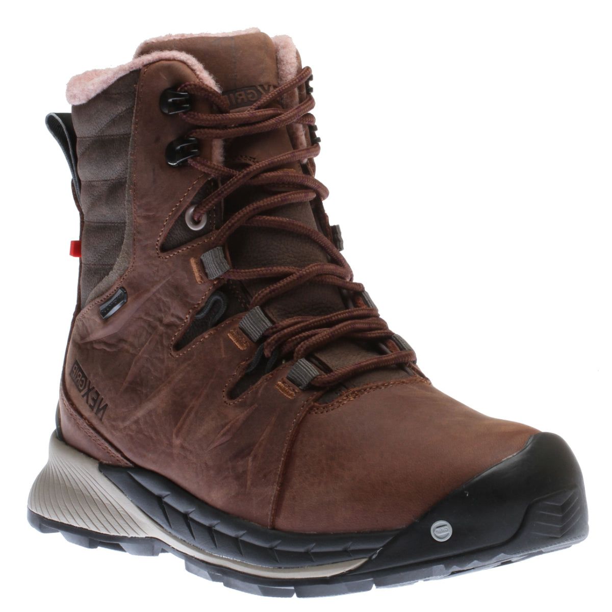 A brown leather Nexgrip Meli women's winter boot with side zipper, laces, and sheepskin lining, Style # P0484BRW.