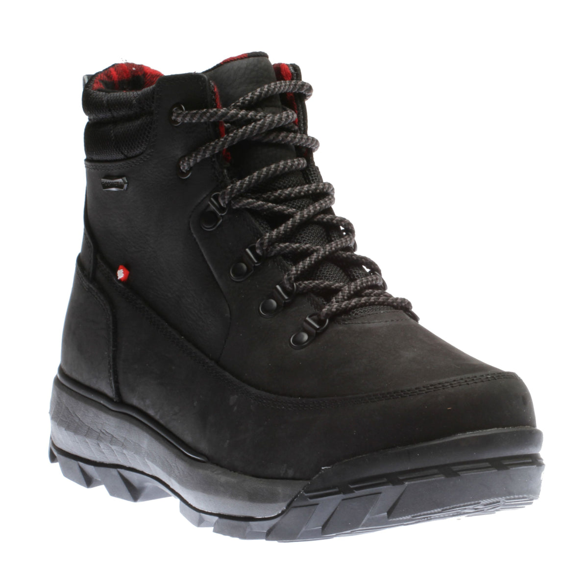 Men's black waterproof leather winter boot with retractable heel cleats and red plaid lining, Style # P0620BLK
