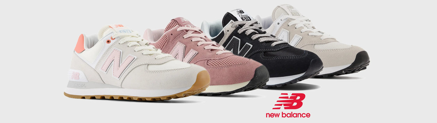 Four New Balance sneakers lined up diagonally on a light gray background, showing different colorways: white with coral accents, dusty pink, black, and off-white. The New Balance logo is displayed in the bottom right corner.