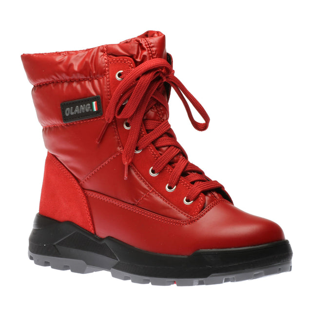 Red insulated winter boot with padded upper, wool lining, and rugged ALASKA outsole—waterproof and rated to keep feet warm in extreme -30°C conditions.
