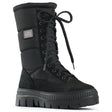 Black quilted winter boot with suede upper, tall lace-up design, side zipper, wool lining, and cleated outsole with OC grips—waterproof and rated for -30°C wear.
