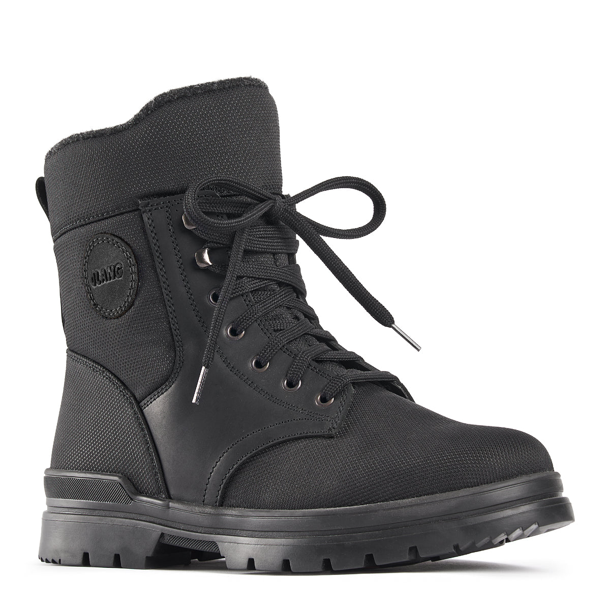 Black leather winter boot with wool lining, side zipper, lace-up front, and rugged OC grip outsole—waterproof and rated to perform in temperatures down to -30°C.