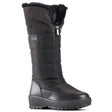 Tall black vegan winter boot with quilted PU exterior, full front zipper, wool lining, and OC grip outsole—sleek and warm down to -30°C.