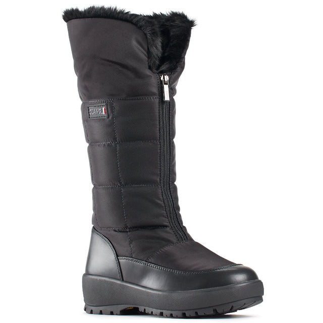 Tall black vegan winter boot with quilted PU exterior, full front zipper, wool lining, and OC grip outsole—sleek and warm down to -30°C.