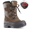Brown winter boot with leather and quilted upper, lace-up front, wool lining, and OC grip outsole—waterproof and rated for warmth down to -30°C.