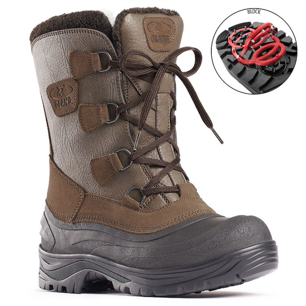 Brown winter boot with leather and quilted upper, lace-up front, wool lining, and OC grip outsole—waterproof and rated for warmth down to -30°C.
