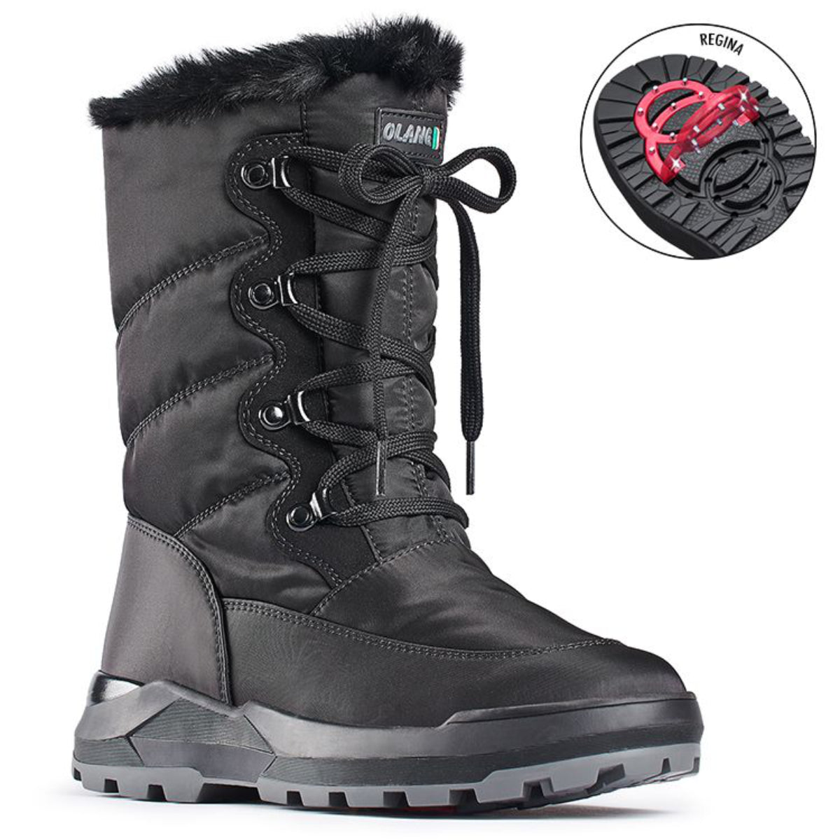 Black winter boot with quilted polyester upper, lace and zipper closure, wool lining, and OC grip outsole—waterproof and rated for warmth down to -30°C.