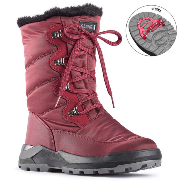 Burgundy winter boot with quilted polyester upper, lace and zipper closure, wool lining, and OC System® traction outsole—warm and waterproof to -30°C.