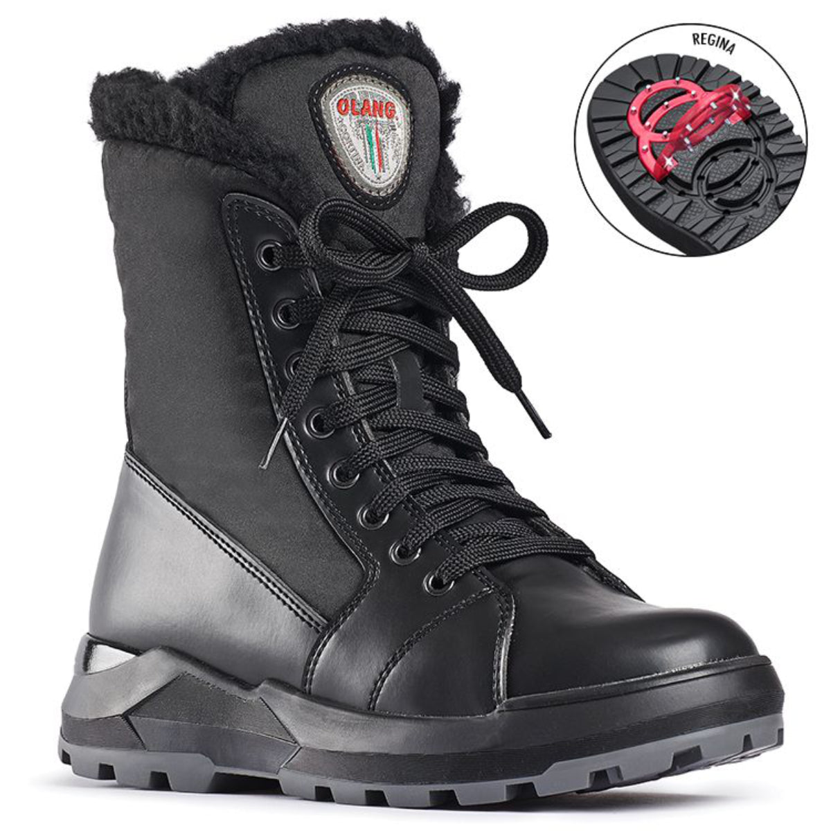 Black vegan leather winter boot with padded upper, wool lining, steel cleat traction outsole, lace and inner zipper closure—thermal insulated and waterproof to -30°C.