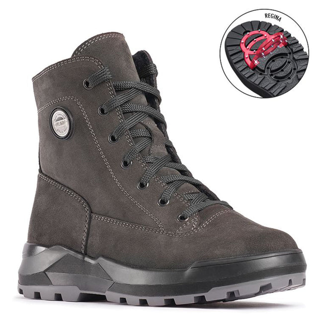 Antracite nubuck leather winter boot with wool lining, steel cleat traction outsole, lace-up and side zipper closure, insulated and waterproof for -30°C.