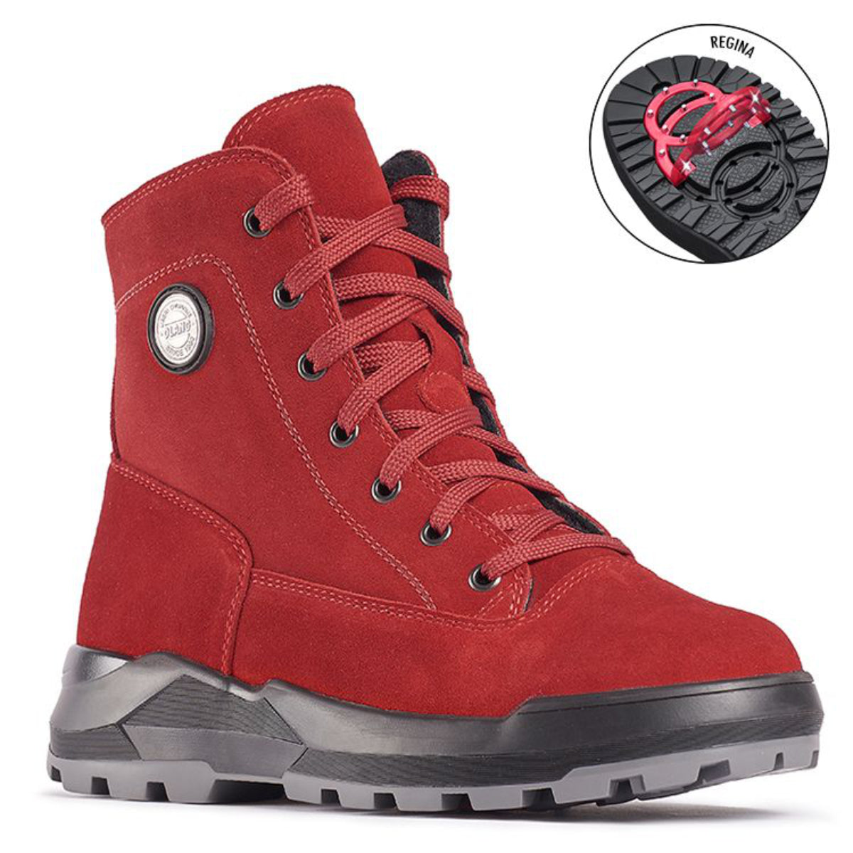 Rosso Red nubuck leather winter boot with wool lining, stainless steel cleat traction outsole, lace-up and side zipper closure, insulated for extreme cold.