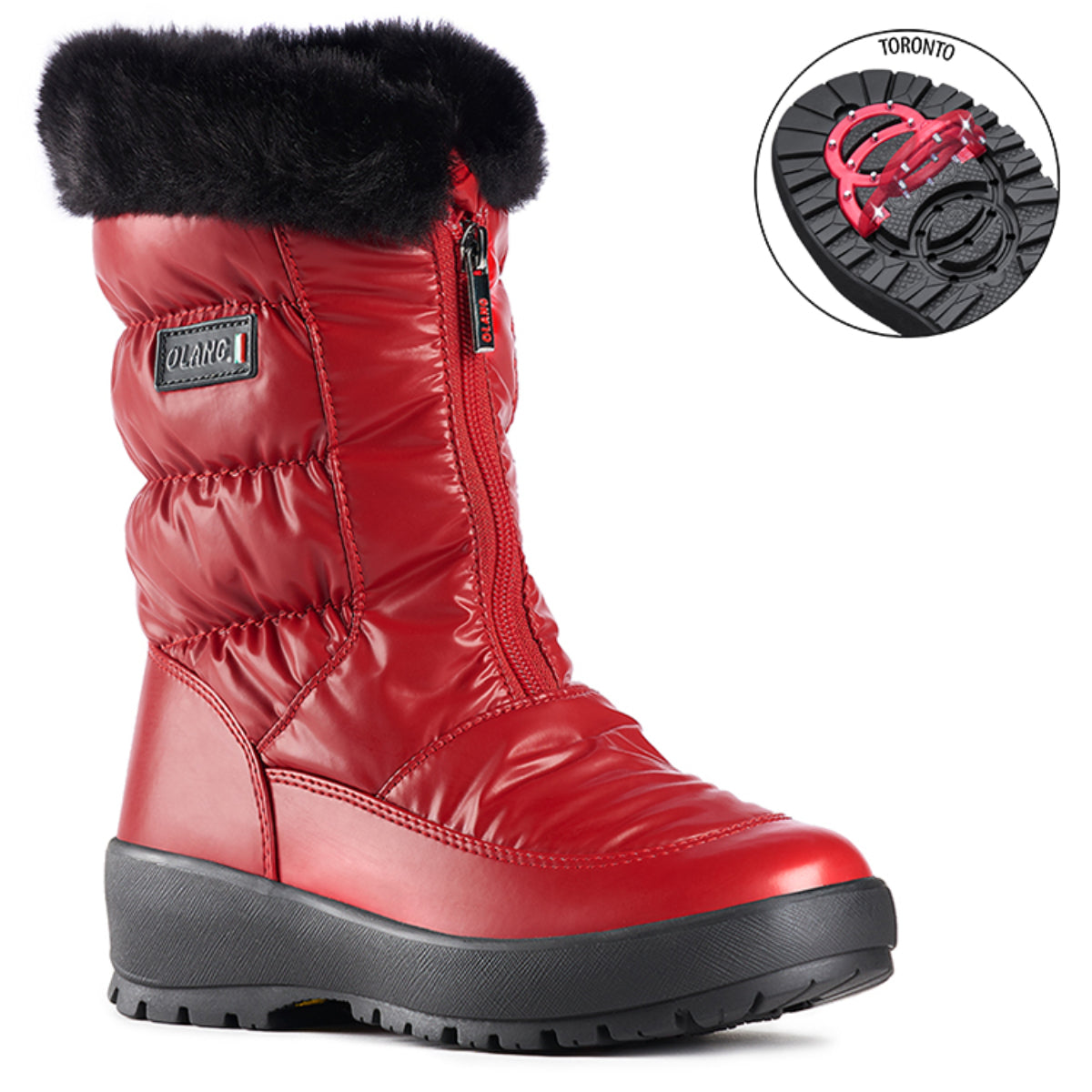 Red quilted winter boot with eco-fur collar, wool lining, and stainless steel cleats for grip—Olang Gemma OC Zip Red rated to -30°C.