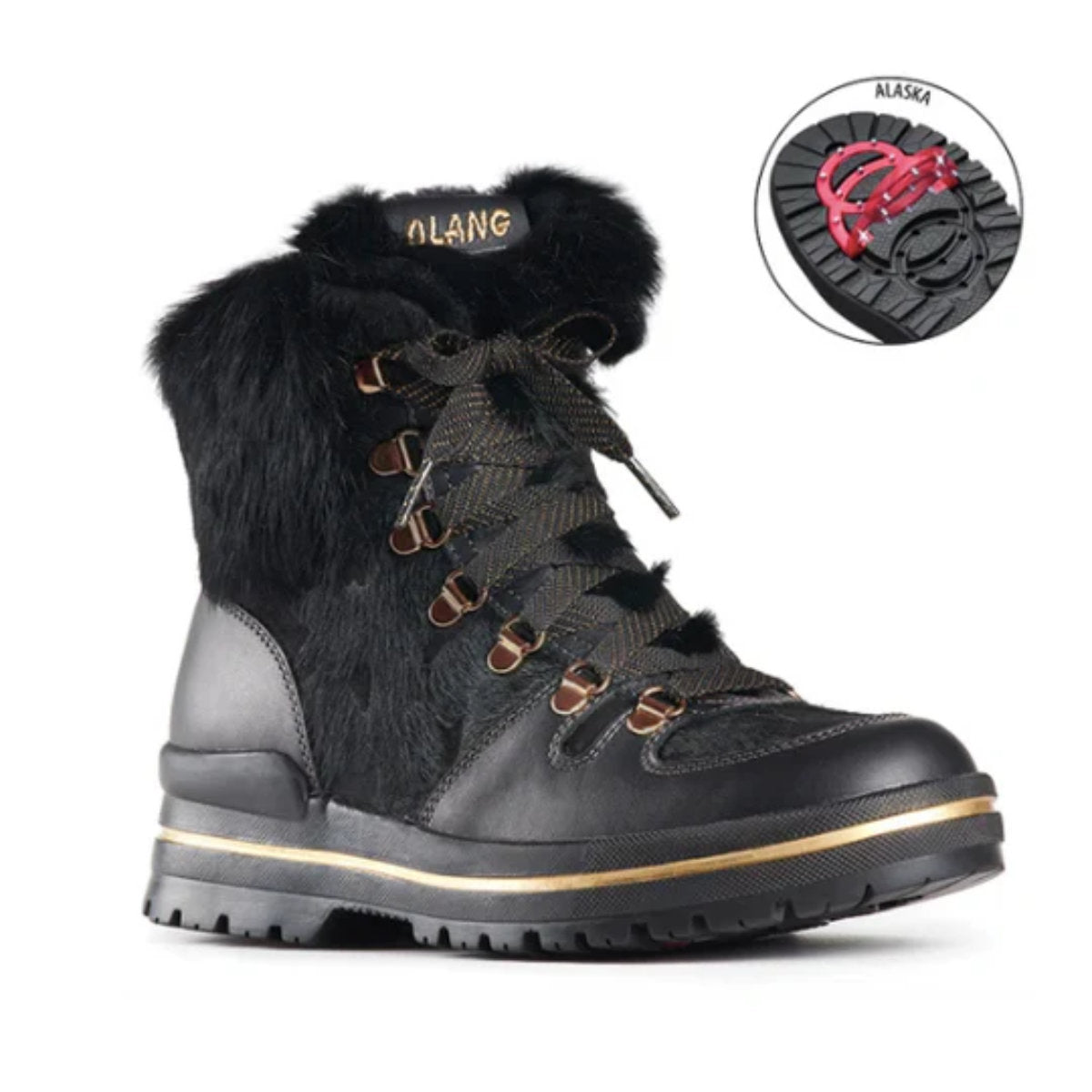 Short black leather winter boot with faux fur collar, laces, and studded cleat sole—Olang Ginger Black with OC System® grip.