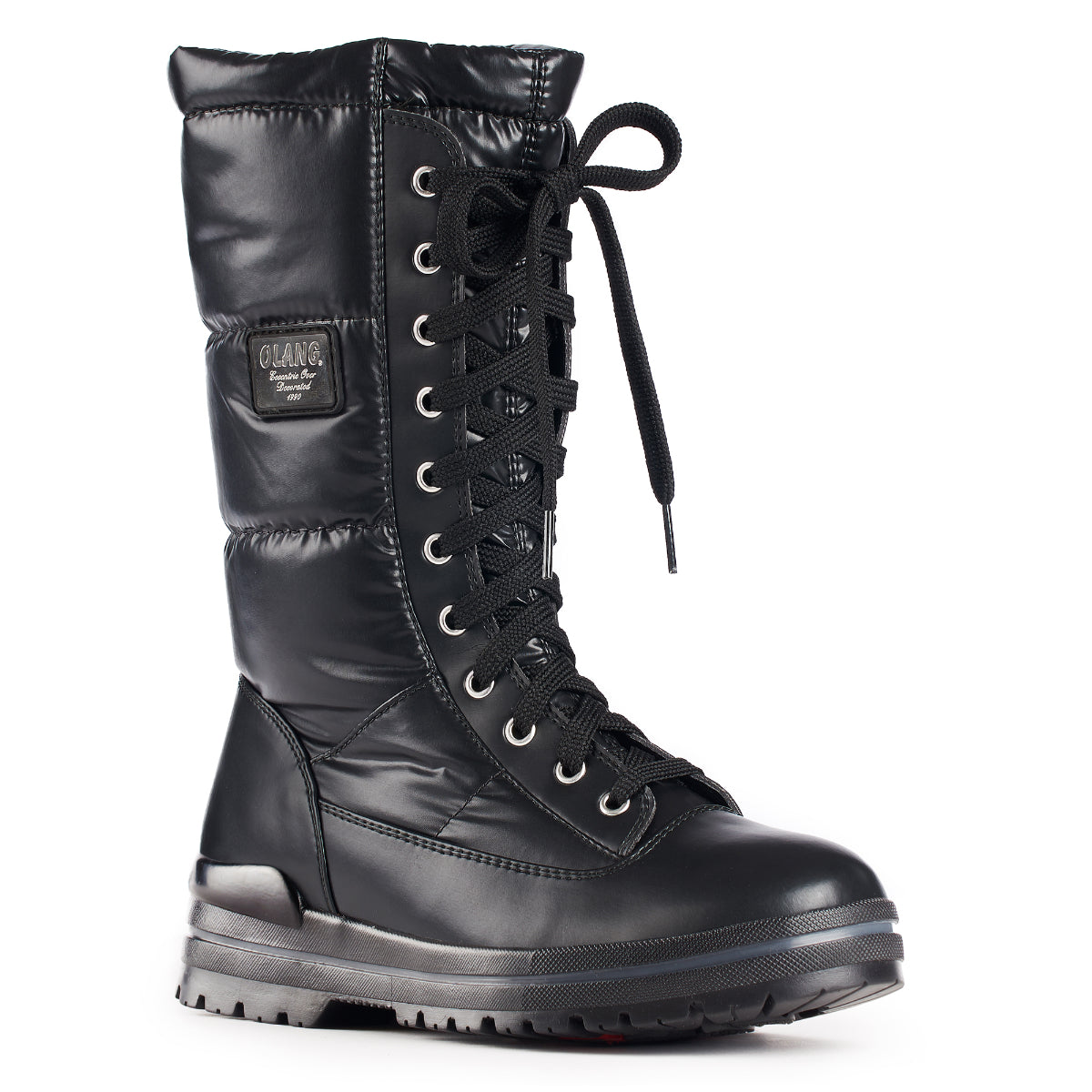Mid-calf black quilted winter boot with glossy PU finish, faux laces, and side zip—Olang Glamour OC Zip with cleated OC System® sole.
