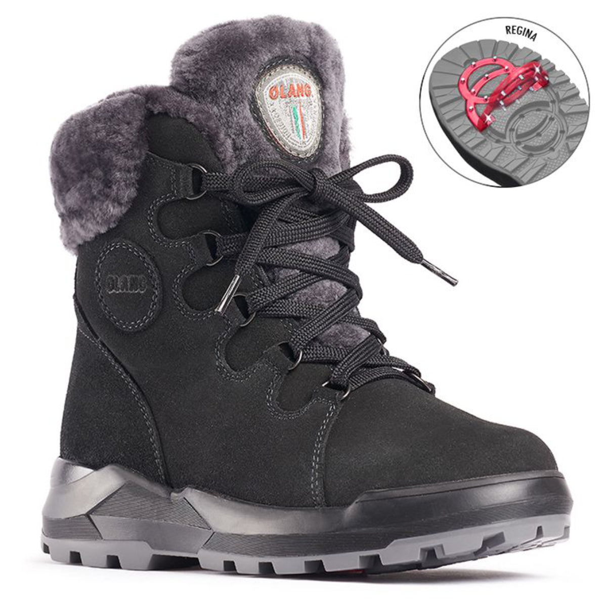 Anthracite quilted mid-calf winter boot with lace-up front, side zipper, and OC cleated outsole—Olang Glamour OC Zip Anthr.