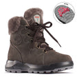 Brown hydro-suede winter boot with shearling collar, lace-up front, and OC cleated outsole—Olang Gufo Cafe.