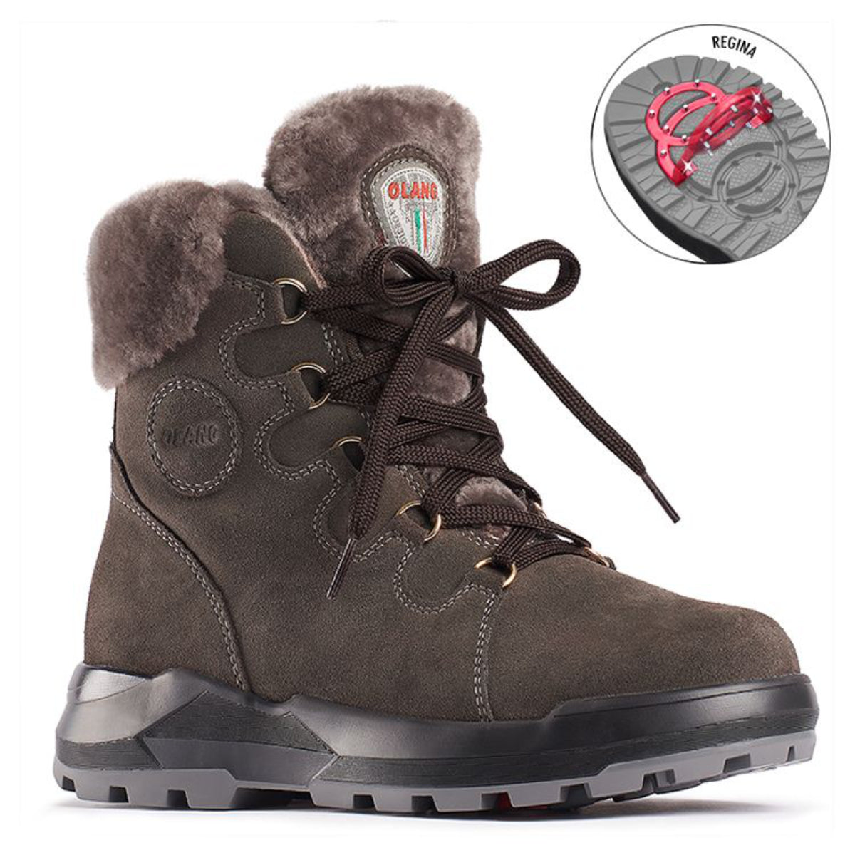 Brown hydro-suede winter boot with shearling collar, lace-up front, and OC cleated outsole—Olang Gufo Cafe.