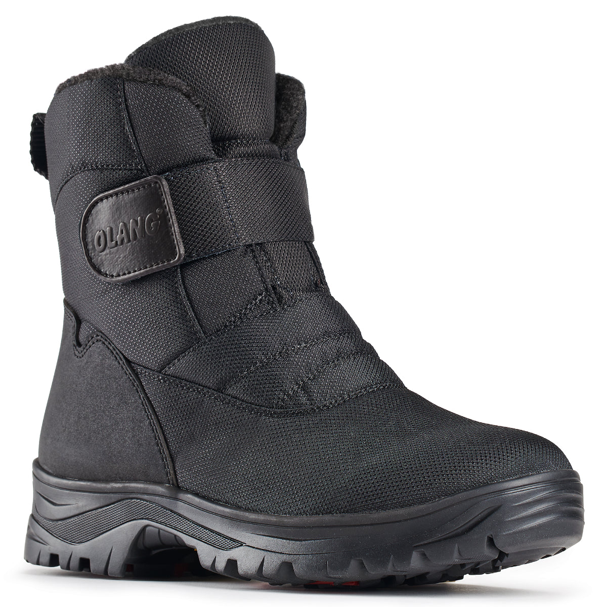 Black quilted winter boot with Velcro strap and cleated sole—Olang Kiev OC Velcro Black, vegan and waterproof.