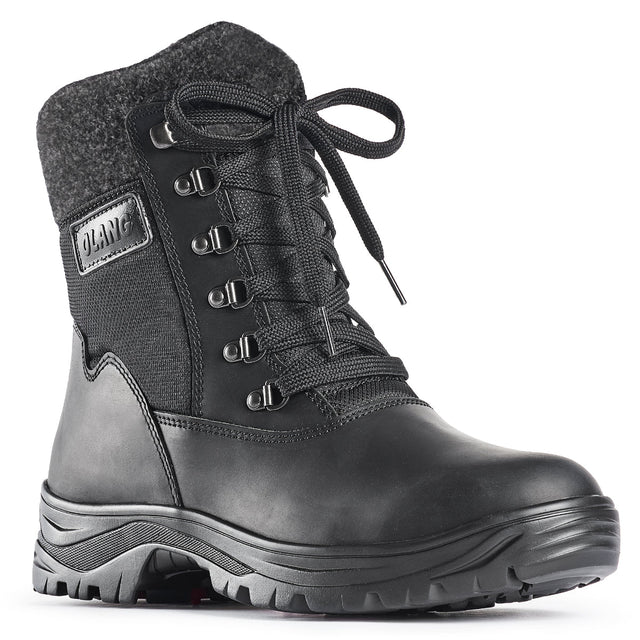 Black winter boot with leather and polyester upper, wool collar, and OC cleated sole—Olang Kursk OC Zip Black.