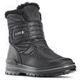 Black vegan winter boot with quilted padded polyester upper, quick adjustable Velcro strap, wool lining, silver-insulated removable insole, and durable ALASKA outsole by OC System® featuring integrated cleats for superior traction on icy surfaces.