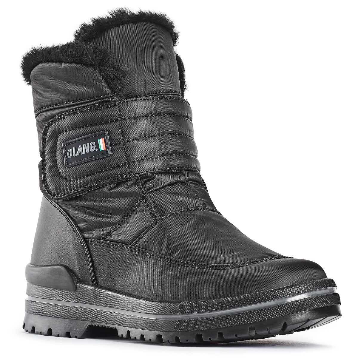 Black vegan winter boot with quilted padded polyester upper, quick adjustable Velcro strap, wool lining, silver-insulated removable insole, and durable ALASKA outsole by OC System® featuring integrated cleats for superior traction on icy surfaces.