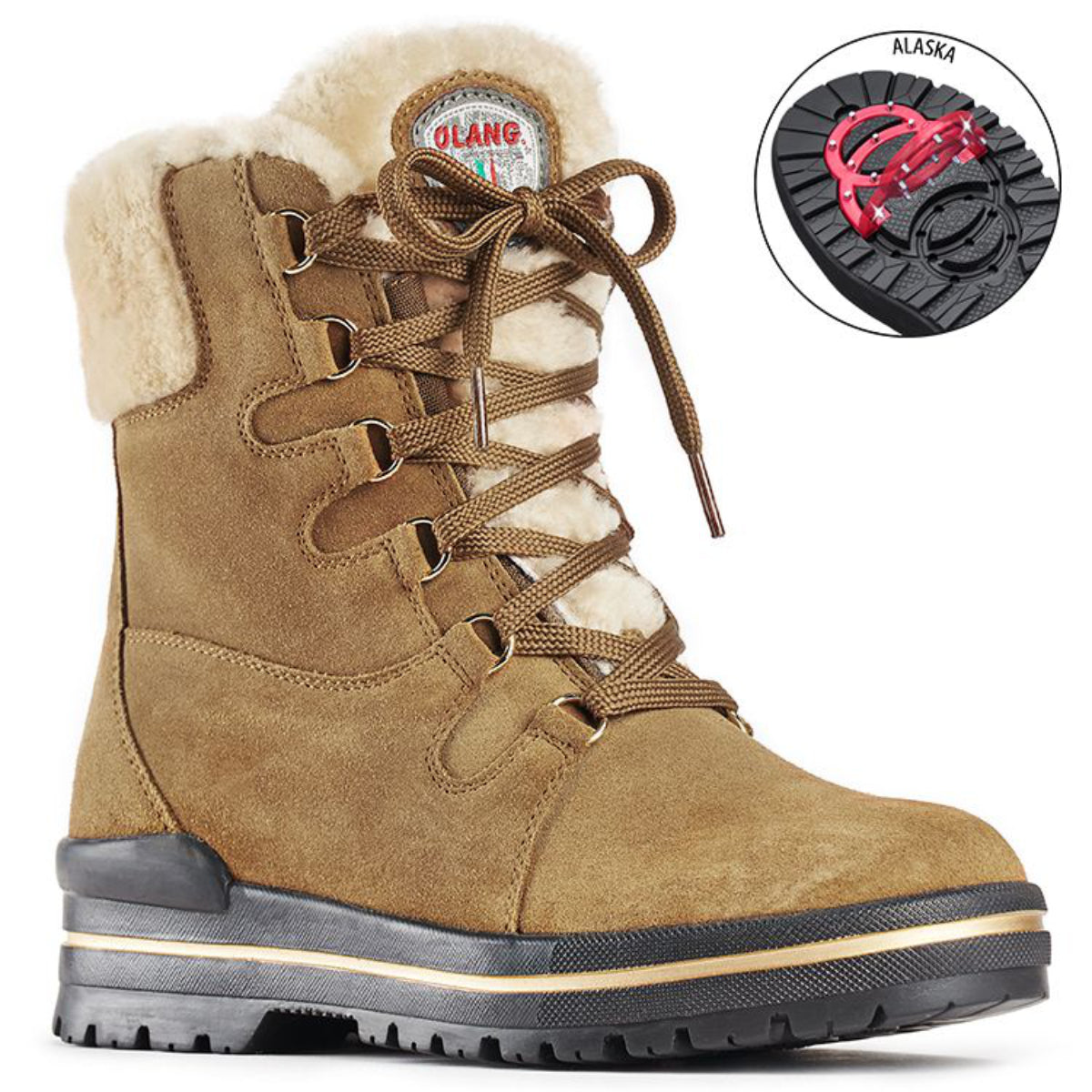 Black winter boot with tailored hydro-suede upper, plush shearling collar, lace-up closure, wool lining, silver-insulated removable insole, and ALASKA outsole by OC System® featuring grips for superior traction in snowy and icy conditions.