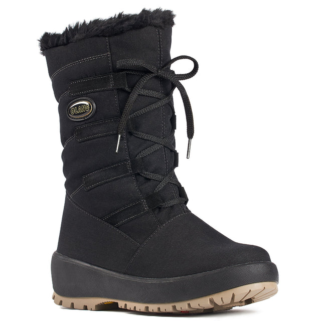 Side view of Olang Nora OC Zip Black winter boots with quilted polyester upper, soft velvet-like texture, side zipper, wool lining, and TORONTO outsole with stainless steel grips.