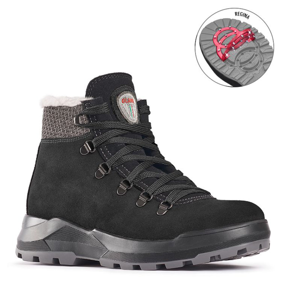 Angled view of Olang Parigi 2.0 Nero winter boots with black hydro-suede upper, padded Cordura collar, lace closure, wool lining, and REGINA outsole with pivoting stainless steel cleats.