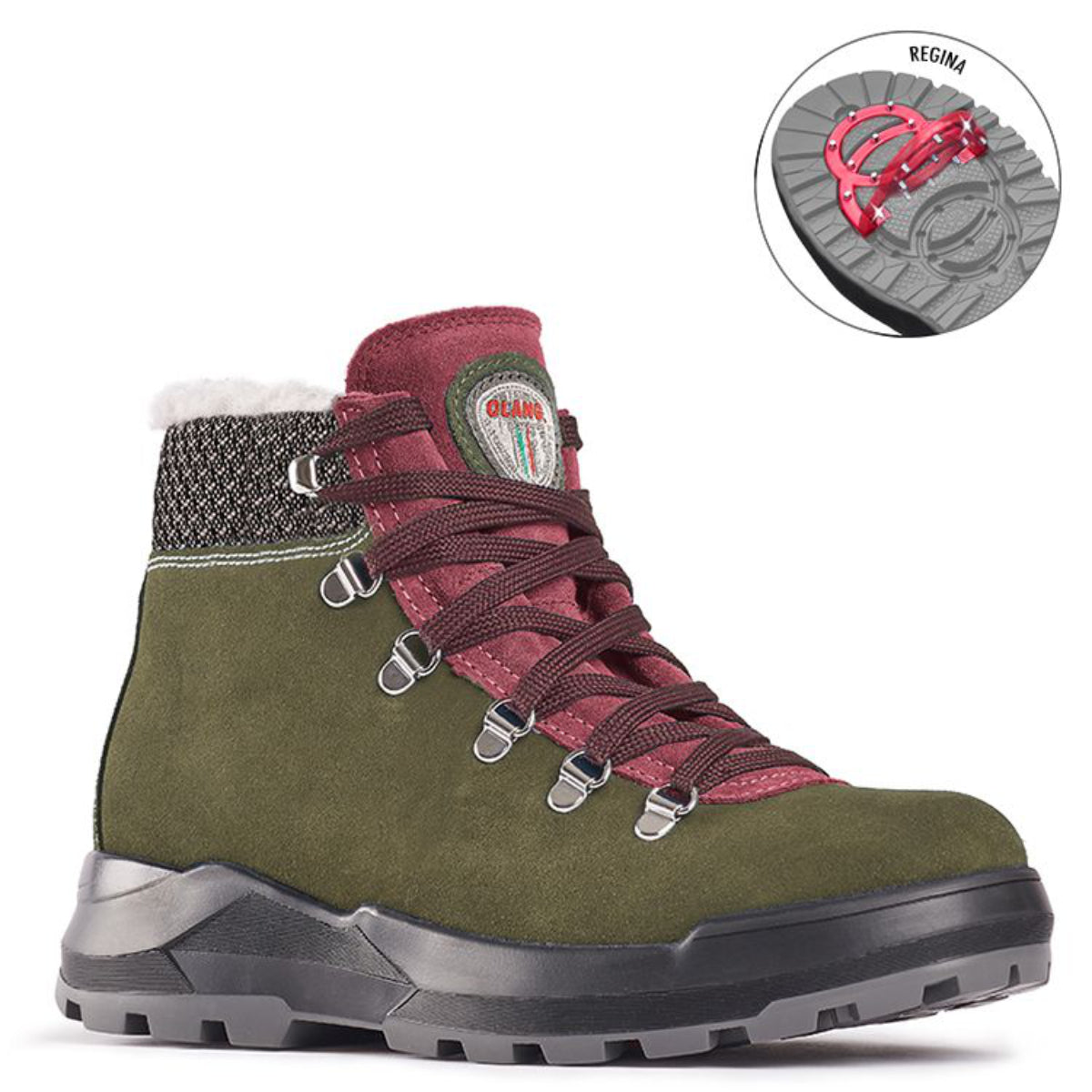 Side view of Olang Parigi 2.0 Muschino winter boots in brown hydro-suede with padded Cordura collar, lace closure, wool lining, and REGINA cleated outsole for icy traction.