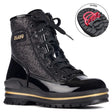 Side view of Olang Pop Lace Black winter boots featuring patent leather and glitter textile upper, wool lining, zipper and lace closure, and cleated ALASKA outsole for traction.