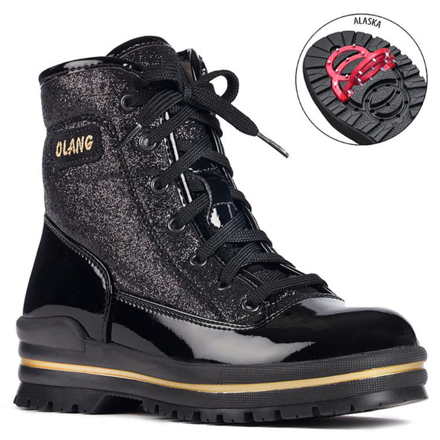 Side view of Olang Pop Lace Black winter boots featuring patent leather and glitter textile upper, wool lining, zipper and lace closure, and cleated ALASKA outsole for traction.