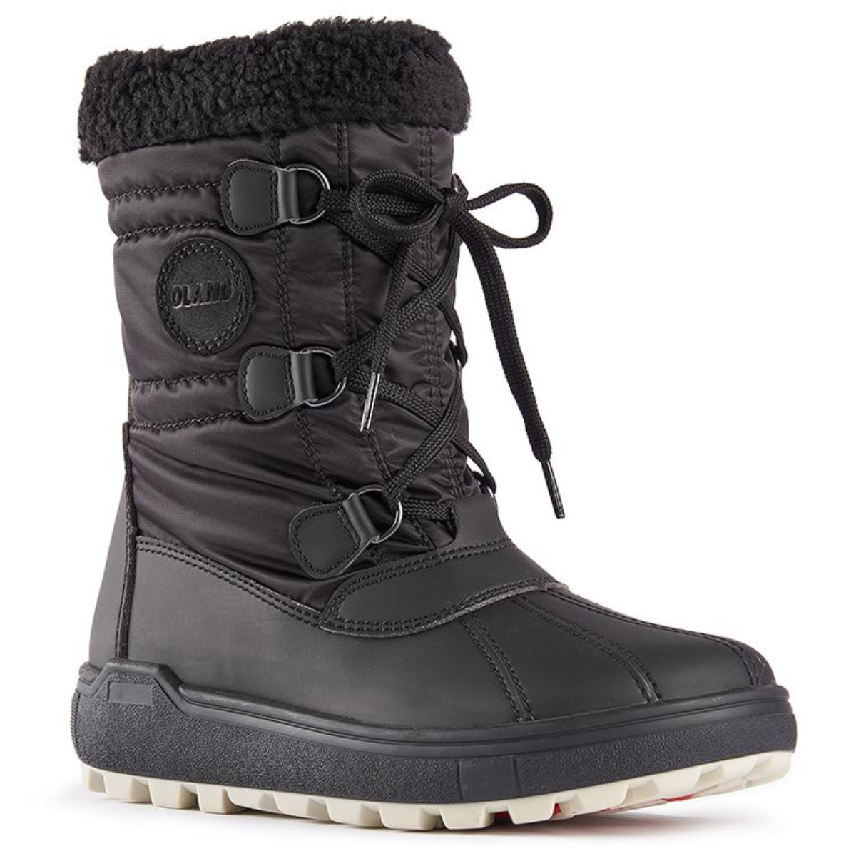 Side view of Olang Rigel Nero Black winter boots with quilted polyester upper, lace-up front, wool lining, and TUNDRA outsole featuring OC System® ice-gripping studs.