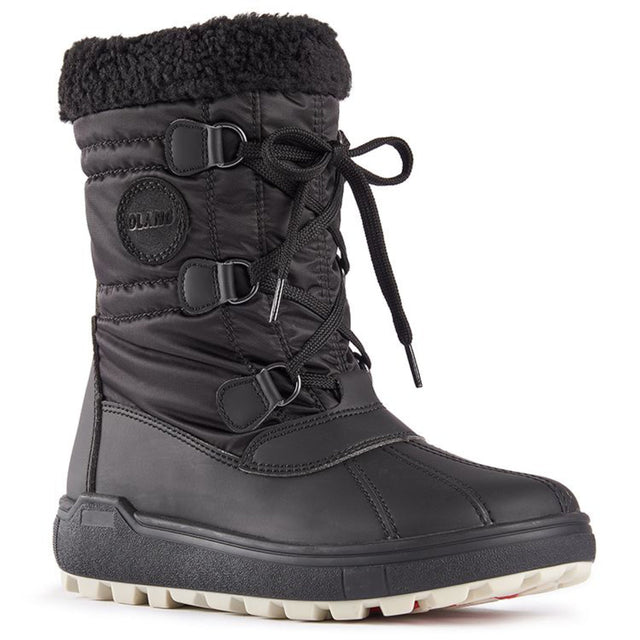 Side view of Olang Rigel Nero Black winter boots with quilted polyester upper, lace-up front, wool lining, and TUNDRA outsole featuring OC System® ice-gripping studs.
