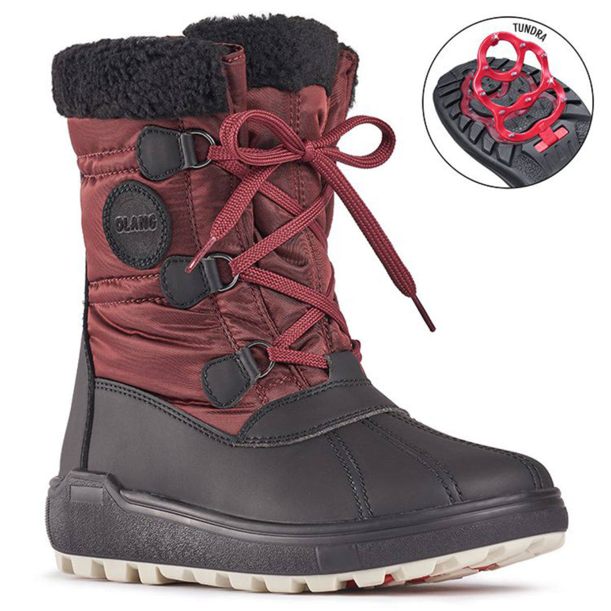 Side view of Olang Rigel Nero Black winter boots featuring quilted polyester upper, lace closure, wool lining, and studded TUNDRA outsole for icy traction.