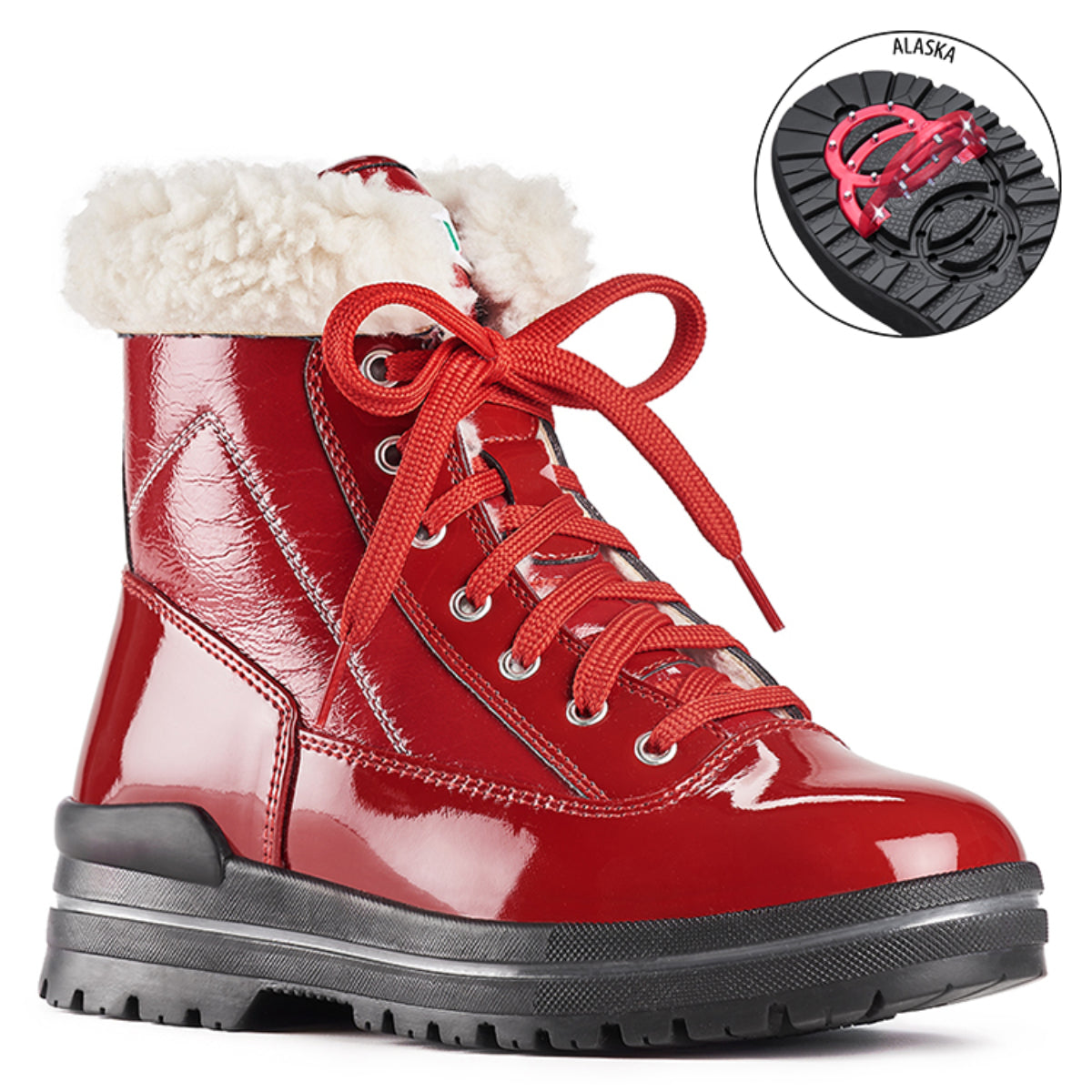 Olang Rimini OC Lace Black boots with shiny patent leather-look upper, lace-up front, wool lining, and ALASKA outsole with OC System® ice grips.