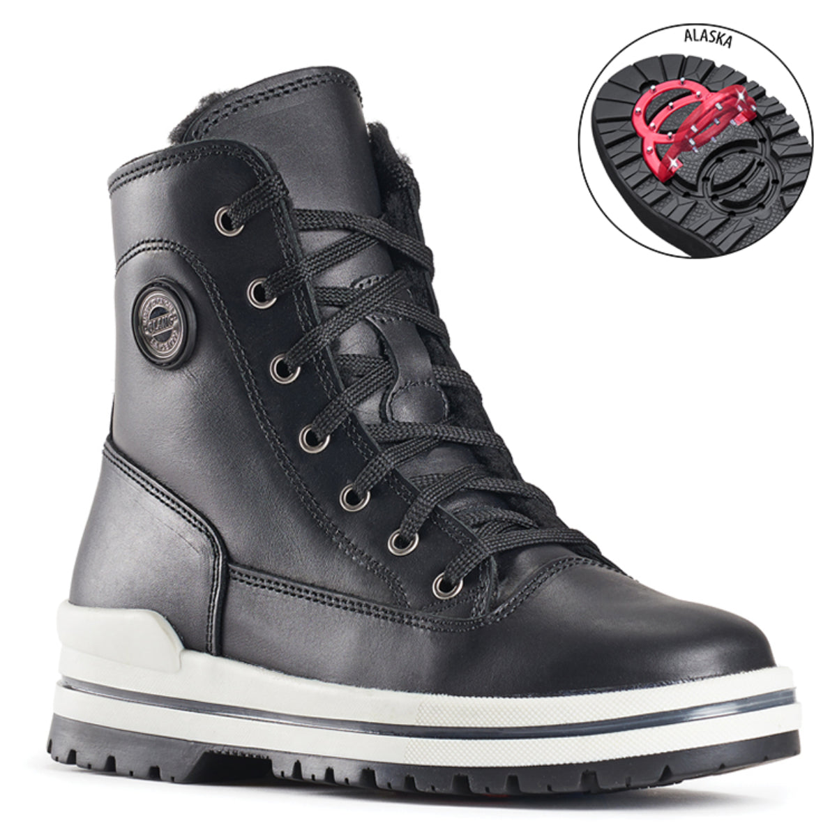 Olang Rita Black winter boots with full-grain leather upper, lace and zip closure, wool lining, and ALASKA outsole with OC System® grips for icy traction.