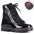 Olang Sound OC Lace Black winter boots with patent leather upper, lace closure, wool lining, and ALASKA outsole with OC System® grips for traction on ice.