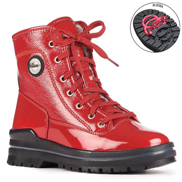 Olang Sound OC Lace Red winter boots with shiny patent leather upper, lace closure, wool lining, and ALASKA outsole with OC System® ice grips.