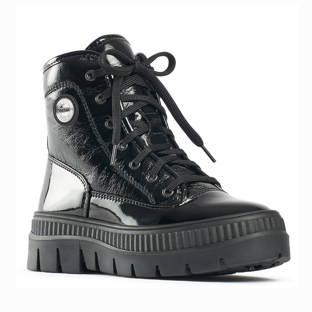 Olang Spell OC Zip L Black boots with vegan patent upper, lace and zip closure, wool lining, and ROCK outsole with OC System® ice cleats.