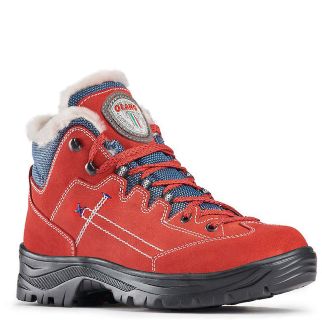 Olang Spider OC Rosso boots in red leather with Cordura inserts, lace-up design, shearling collar, wool lining, and VIBRAM outsole for cold-weather durability.