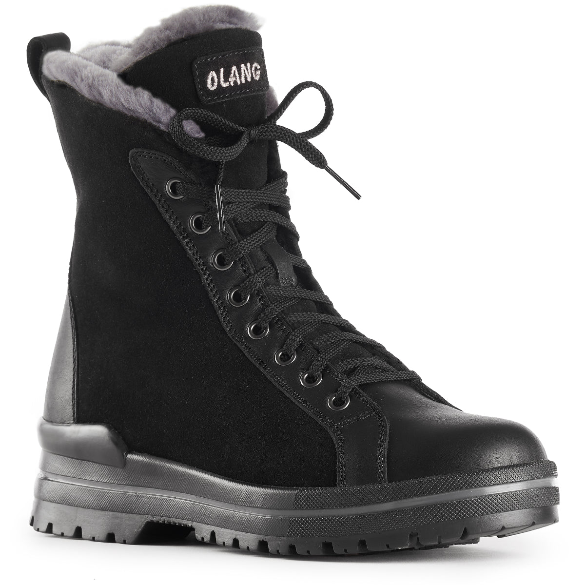 Olang Zaide Black women’s winter boots with leather and hydro-suede upper, shearling lining, lace and zipper closure, and ALASKA outsole with OC System® grips.